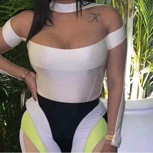 Mugler White and Black Off-Shoulder Bodysuit